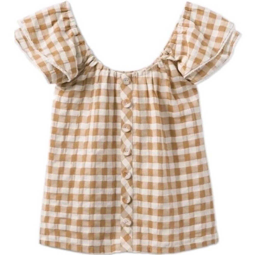 Matilda Jane Annabelle Shirt Women's Large Tan Gingham Off Shoulder Top Blouse L